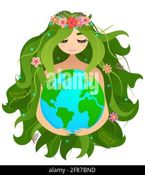 Happy Mother Earth Day - vettore pianeta Terra e bella Madre disegno con corona di fiori. Poster con lettere o design grafico t-shirt. Bella io Illustrazione Vettoriale