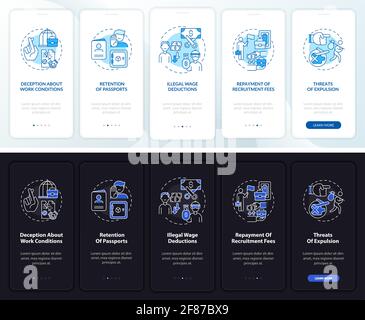 Schermata della pagina dell'app mobile di onboarding dei diritti dei lavoratori migranti con concetti Illustrazione Vettoriale