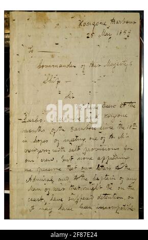 La lettera originale scritta da David Livingstone e lasciata in una bottiglia alla foce del fiume Zambesi, chiedendo disposizioni urgenti a tutte le navi di passaggio che lo hanno trovato, è il momento culminante della prossima asta di Christie di libri dalla collezione di Quentin Keynes. La lettera ha una stima di 15,000-20,000 in vendita 7 + 8 aprile 2004Questa è la vera lettera e non la copia utilizzata in fotocall. Fotografia di David Sandison 17/2/2004 Foto Stock