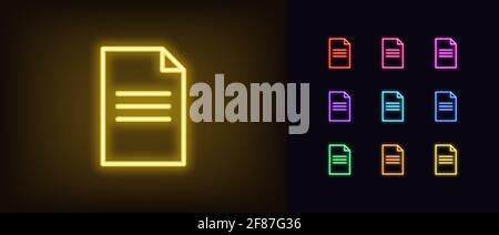 Icona del documento neon. Simbolo di contratto al neon brillante, pittogramma della pagina del documento di contorno con colori vivaci. Flusso di documenti online, white paper, report aziendale, contropartita Illustrazione Vettoriale