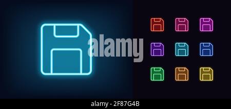 Icona del floppy disk neon. Simbolo del dischetto al neon incandescente, pittogramma della memoria con colori vivaci. Memorizzazione dati online, dispositivo di memoria, salvataggio informazioni, fil Illustrazione Vettoriale