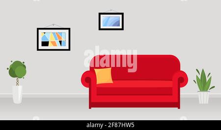 Interno di ufficio moderno con divano rosso, dipinti astratti e piante. Soggiorno con divano. Illustrazione vettoriale in stile piatto. Illustrazione Vettoriale
