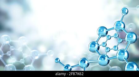 Modelli di struttura molecolare astratta su sfondo blu. Banner orizzontale con modello in vetro di molecola. Copiare spazio per il testo. Modello di simulazione. Foto Stock