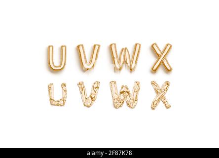 Lettere in oro sgonfio U V W X, carattere palloncino Foto Stock