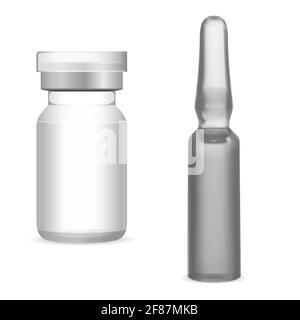 Flaconcino medico di vetro. Fiala per iniezione mockup, vaso farmaceutico 3d, contenitore medico per vaccino isolato su fondo bianco. Dose di antibiotico influenzale Illustrazione Vettoriale