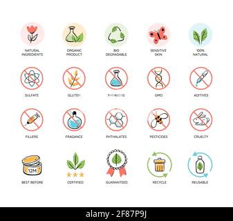 Set di icone per prodotti naturali e biologici. Emblemi privi di tossicità. Nessun animale testato, icone cosmetiche naturali. Riciclare e riutilizzare. Illustrazione vettoriale colorata. Illustrazione Vettoriale