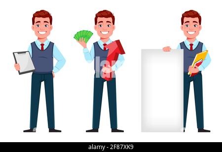 Bell'uomo d'affari che tiene gli appunti, tiene i soldi e sta vicino al banner. Giovane uomo d'affari cartone animato in stile piatto, set di tre pose Illustrazione Vettoriale