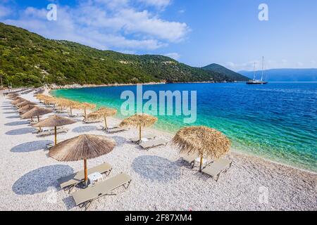 Cefalonia, Grecia. Vista aerea della spiaggia di Antisamos. Foto Stock