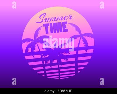 Palme contro un sole sfumato nello stile degli anni '80. Stile Synthwave e retroonda. Colore viola. Design per brochure pubblicitarie, banner, pos Illustrazione Vettoriale