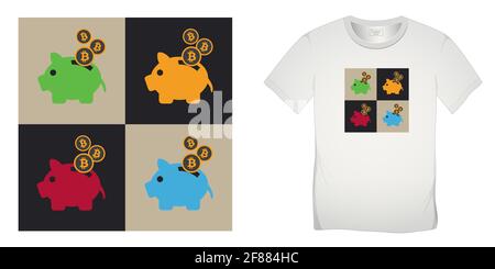 Bitcoin e salvavita banca piggy, piggy multicolore su scacchiera, cryptocurrent design per T-shirt raster Foto Stock