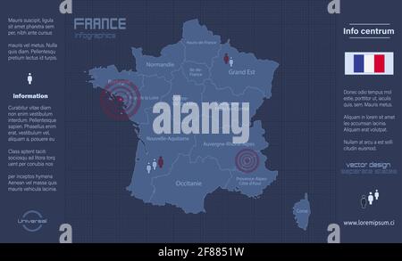 Mappa della Francia, regioni separate con nomi, vettore di disegno piatto blu infografico Illustrazione Vettoriale