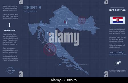 Mappa della Croazia, regioni separate con nomi, vettore di disegno piatto blu infografico Illustrazione Vettoriale