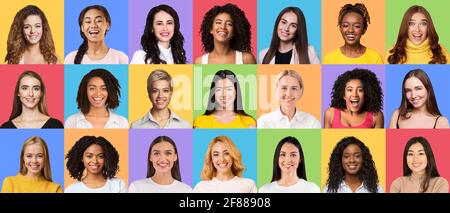 Set composto di sorridenti diverse donne multirazziali Foto Stock