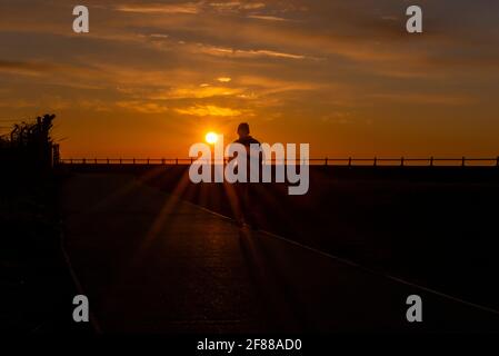 Jogger maschio che corre verso il sole all'alba. Corsa di mattina presto. Dawn Run. Lone Runner, jogging verso il sole che sorge nel Gunners Park, Shoeburyness Foto Stock