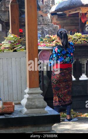 Donna che mette offerte o sari canang sull'altare al tempio di Bali, Indonesia Foto Stock