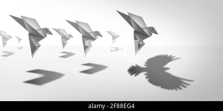 Leadership ambiziosa e visione leader o ambizione leader come a simbolo di business per l'immaginazione innovativa e la metafora di successo come un carta origami bi Foto Stock