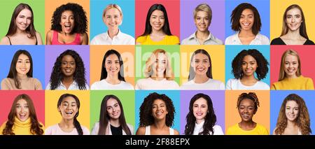 Insieme composito di donne multirazziali ottimistiche e diversificate Foto Stock