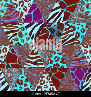 Imitazione trendy cucito pezzi triangolari di tessuto in stile patchwork. Acquerello disegno a mano moderno collage motivo senza giunture. Texture sicura con anim Foto Stock