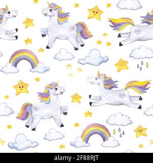 motivo acquerello su uno sfondo chiaro con unicorni, nuvole, stelle, arcobaleni. Modello per tessuti per bambini, vestiti, biancheria da letto, articoli, carta da parati Foto Stock