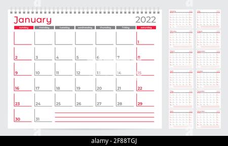 Modello di pianificazione del calendario 2022. Settimana a partire da Domenica. Set di 12 mesi. Pronto per la stampa. Illustrazione vettoriale Illustrazione Vettoriale