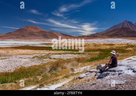 Antofagasta. Cile. 03.26.08. Alues Calientes saline alte sull'altiplano nel deserto di Atacama, nel Cile settentrionale. Le aree bianche sono depositi o Foto Stock