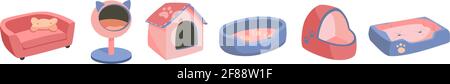Un set di letti per un animale domestico, un cane o un gatto. Illustrazione vettoriale piatta di merci per animali. Oggetti isolati su sfondo bianco, stile cartoon. Colori viola, rosa, oro. Illustrazione Vettoriale