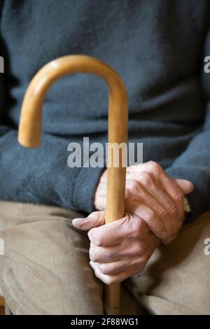 Le mani del vecchio uomo che tengono il bastone di legno che cammina Foto Stock