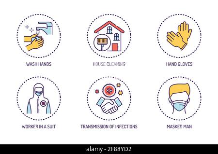 Set di icone per linee di colori igieniche. Protezione da virus. Pittogrammi per pagina Web, app mobile, promo. Elemento di progettazione GUI UI UX. Illustrazione Vettoriale