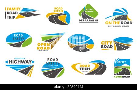 Icone vettoriali per la sicurezza stradale, percorso, riparazione di strade. Strada urbana che scompare nella distanza, viaggio o servizio di trasporto emblema isolato Illustrazione Vettoriale