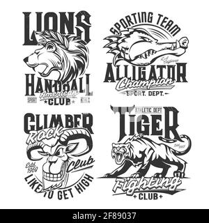 Stampe T-shirt con mascotte vettoriali di capra di montagna, alligatore, leone e tigre. Teste di animali selvaggi e ruggiti per i simboli dei club di combattimento e sport. Illustrazione Vettoriale