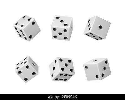 Gioco d'azzardo dice realistico vettore insieme di craps casinò, poker e giochi da tavolo da tavolo isolato bianco giocare dadi cubi con punti neri o pips in diff Illustrazione Vettoriale