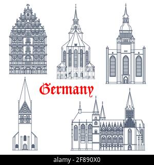 Germania simbolo edifici architettura, icone vettoriali di chiese gotiche e cattedrali. Germania punto di riferimento della chiesa di San Michele e Giovanni Luneburg, Oppe Illustrazione Vettoriale