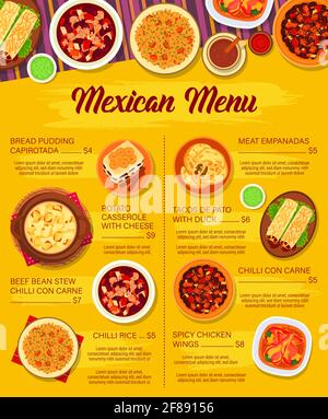 Modello di menu vettoriale della cucina messicana. Casseruola di patate con formaggio, empanada di carne e ali di pollo piccanti. Chili con carne, tacos de pato con anatra, Illustrazione Vettoriale