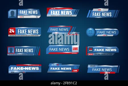 Falsi notiziari e banner vettoriali inferiori dello schermo TV. Titoli di notizie del mondo e titoli di programmi televisivi in diretta, video di trasmissione, televisione o canali in streaming, medi Illustrazione Vettoriale