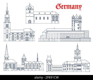 Germania monumenti storici, castelli, cattedrali e chiese, icone vettoriali. Germania punto di riferimento della Cattedrale di Munster, San Reinold e la chiesa di Pietro in D. Illustrazione Vettoriale