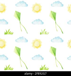 Motivo senza cuciture acquerello con aquiloni volanti tra le nuvole e il sole. Stampa di cartoni animati per bambini. Perfetto per tessuti, tessuti, carta da imballaggio, biancheria, inviti, arredamento per vivai, coperture. Foto Stock