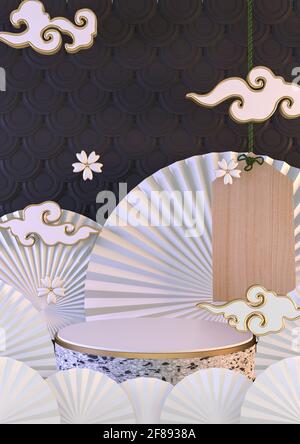 Verticale mock up bianco Podium giapponese rendering geometrico minimo .3D Foto Stock