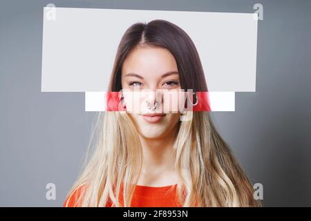 collage digitale di 3 diverse giovani donne di asia e. europen descent - concetto di diversità Foto Stock