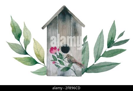 Birdhouse con fiori e uccelli. Adesivo a parete. Artistico, a colori, disegnato a mano Foto Stock