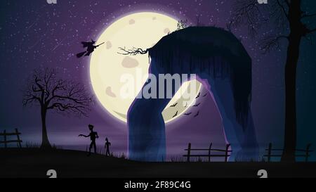 Sfondo di Halloween, paesaggio viola notte con grande luna piena, zombie, vecchi alberi e streghe nel cielo Foto Stock