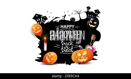 Happy Halloween, trucco o trattare, banner per la tua creatività isolato su sfondo bianco. Logo con silhouette di palloncini di città, zucca e Halloween Foto Stock