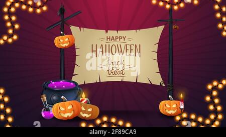 Happy Halloween, modello di banner con belle scritte, calderone di strega e Jack zucca. Vecchio segno teso tra due colonne per il vostro testo Foto Stock