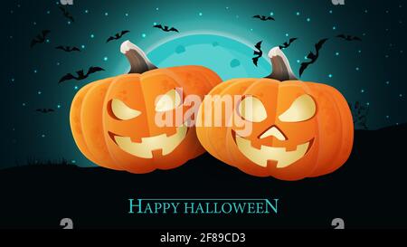 Happy Halloween, blu orizzontale ottenere cartolina con due zucche divertenti contro il paesaggio notturno Foto Stock