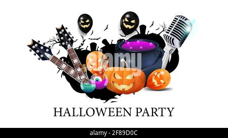 Festa di Halloween, banner creativo di invito con microfono, chitarre, zucche, fiasche con pozione e palloncini di Halloween. Modello bianco per ha Foto Stock