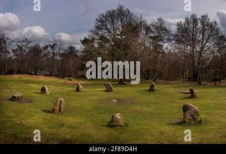 Il Nine Ladies Stone Circle su Stanton Moor nel Peak District National Park, Derbyshire, Regno Unito Foto Stock