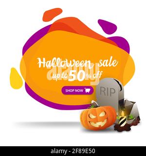 Vendita di Halloween, fino a 50 di sconto, banner creativo colorato con forme dinamiche liquide Foto Stock