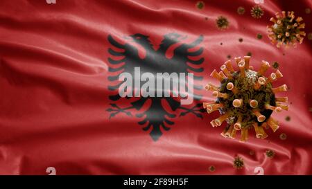 3D, albanese flag waving e Coronavirus 2019 nCov Concept. Epidemia asiatica in Albania, coronavirus influenza come casi di ceppo influenzale pericoloso come pannoceae Foto Stock