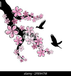 Un ramo di sakura con petali che cadono con uccelli volanti . Illustrazione vettoriale Illustrazione Vettoriale