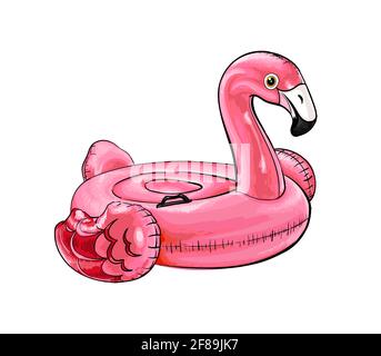 Estate piscina Inflantable gomma rosa Flamingo giocattolo da una spruzzata di acquerello, disegno colorato, realistico. Illustrazione vettoriale delle vernici Illustrazione Vettoriale