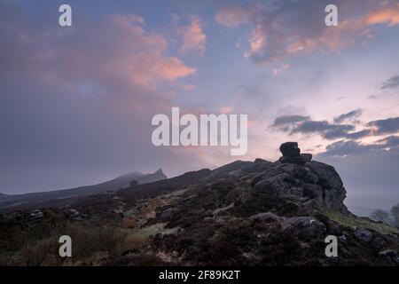 Una vista panoramica all'alba delle Ramshaw Rocks presso i Roaches nel Parco Nazionale del Peak District. Foto Stock